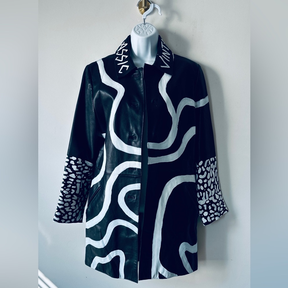Vintage REWORK UPCYCLE Genuine Leather Abstract & Hand Painted Jacket Size S - Picture 9 of 13